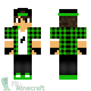 Aperçu de la skin Minecraft Garçon veste à carreaux verte casquette noire et casques