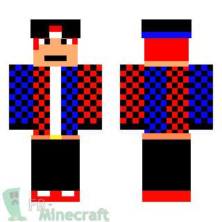 Aperçu de la skin Minecraft Garçon cheveux rouges casquette et veste à carreaux bleue et rouge