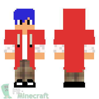 Aperçu de la skin Minecraft Garçon cheveux bleus et veste à capuche rouge