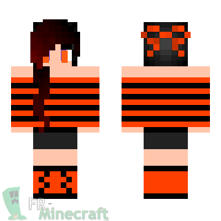 Aperçu de la skin Minecraft Fille cheveux rouges en noir et orange Halloween